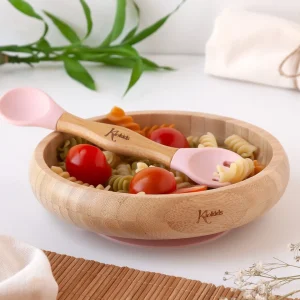 CONJUNTO LOUÇA 340ML SILICONE/BAMBU ROSA 2 PEÇAS