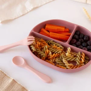 CONJ. DE TALHERES E BANDEJA BLW EM SILICONE COM DIVISÕES ROSA 3U